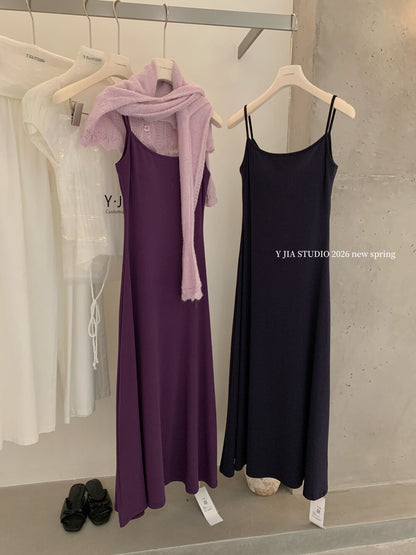 Solid Color Spaghetti Strap Maxi Dress with Built-in Non-Removable Bra Pad Dopamine Color Slim Fit Sleeveless Summer Dress