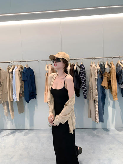 Solid Color Spaghetti Strap Maxi Dress with Built-in Non-Removable Bra Pad Dopamine Color Slim Fit Sleeveless Summer Dress