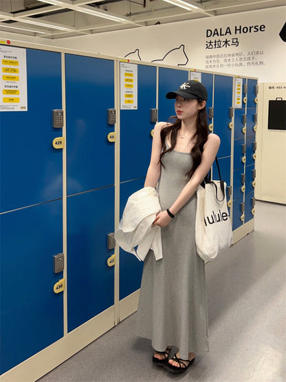 Solid Color Spaghetti Strap Maxi Dress with Built-in Non-Removable Bra Pad Dopamine Color Slim Fit Sleeveless Summer Dress