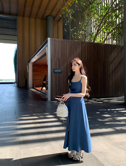 Solid Color Spaghetti Strap Maxi Dress with Built-in Non-Removable Bra Pad Dopamine Color Slim Fit Sleeveless Summer Dress