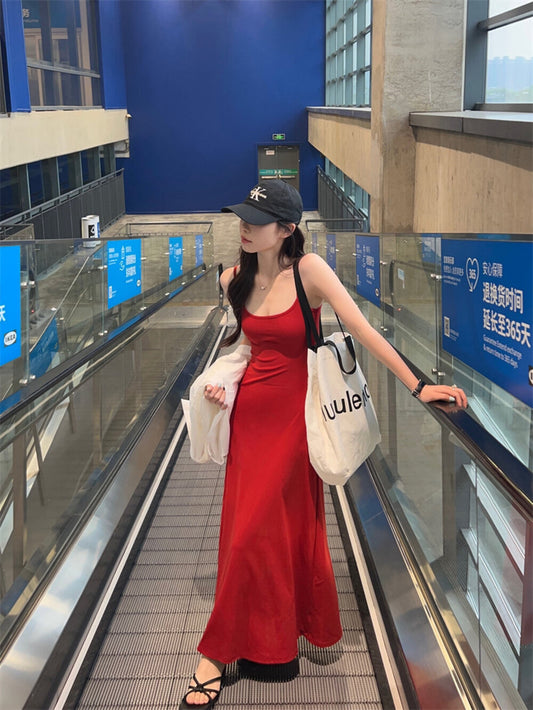 Solid Color Spaghetti Strap Maxi Dress with Built-in Non-Removable Bra Pad Dopamine Color Slim Fit Sleeveless Summer Dress - Seldom Seen Styles