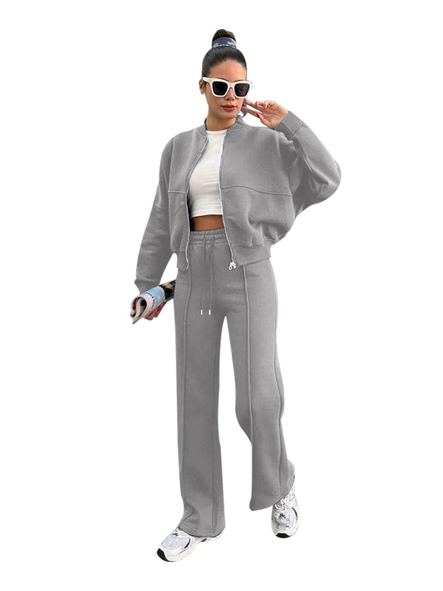 Women's Solid Zip Up Crop Jacket & Drawstring Waist Pants Two-piece Set, Casual Fashion Drop Shoulder Long Sleeve Top & High Waist Trousers Womenswear Suits for Outdoor Wear, Women's Clothing for Spring & Fall 90s Clothes - Seldom Seen Styles