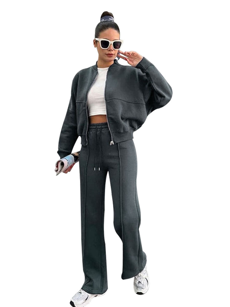 Women's Solid Zip Up Crop Jacket & Drawstring Waist Pants Two-piece Set, Casual Fashion Drop Shoulder Long Sleeve Top & High Waist Trousers Womenswear Suits for Outdoor Wear, Women's Clothing for Spring & Fall 90s Clothes - Seldom Seen Styles