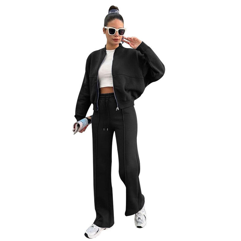 Women's Solid Zip Up Crop Jacket & Drawstring Waist Pants Two-piece Set, Casual Fashion Drop Shoulder Long Sleeve Top & High Waist Trousers Womenswear Suits for Outdoor Wear, Women's Clothing for Spring & Fall 90s Clothes - Seldom Seen Styles