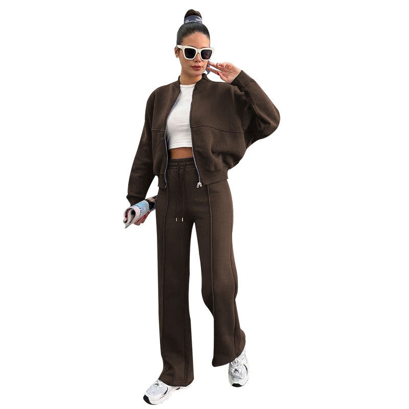 Women's Solid Zip Up Crop Jacket & Drawstring Waist Pants Two-piece Set, Casual Fashion Drop Shoulder Long Sleeve Top & High Waist Trousers Womenswear Suits for Outdoor Wear, Women's Clothing for Spring & Fall 90s Clothes - Seldom Seen Styles