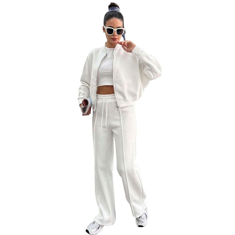 Women's Solid Zip Up Crop Jacket & Drawstring Waist Pants Two-piece Set, Casual Fashion Drop Shoulder Long Sleeve Top & High Waist Trousers Womenswear Suits for Outdoor Wear, Women's Clothing for Spring & Fall 90s Clothes - Seldom Seen Styles