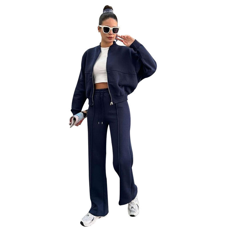 Women's Solid Zip Up Crop Jacket & Drawstring Waist Pants Two-piece Set, Casual Fashion Drop Shoulder Long Sleeve Top & High Waist Trousers Womenswear Suits for Outdoor Wear, Women's Clothing for Spring & Fall 90s Clothes - Seldom Seen Styles