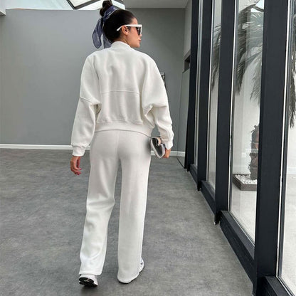 Women's Solid Zip Up Crop Jacket & Drawstring Waist Pants Two-piece Set, Casual Fashion Drop Shoulder Long Sleeve Top & High Waist Trousers Womenswear Suits for Outdoor Wear, Women's Clothing for Spring & Fall 90s Clothes