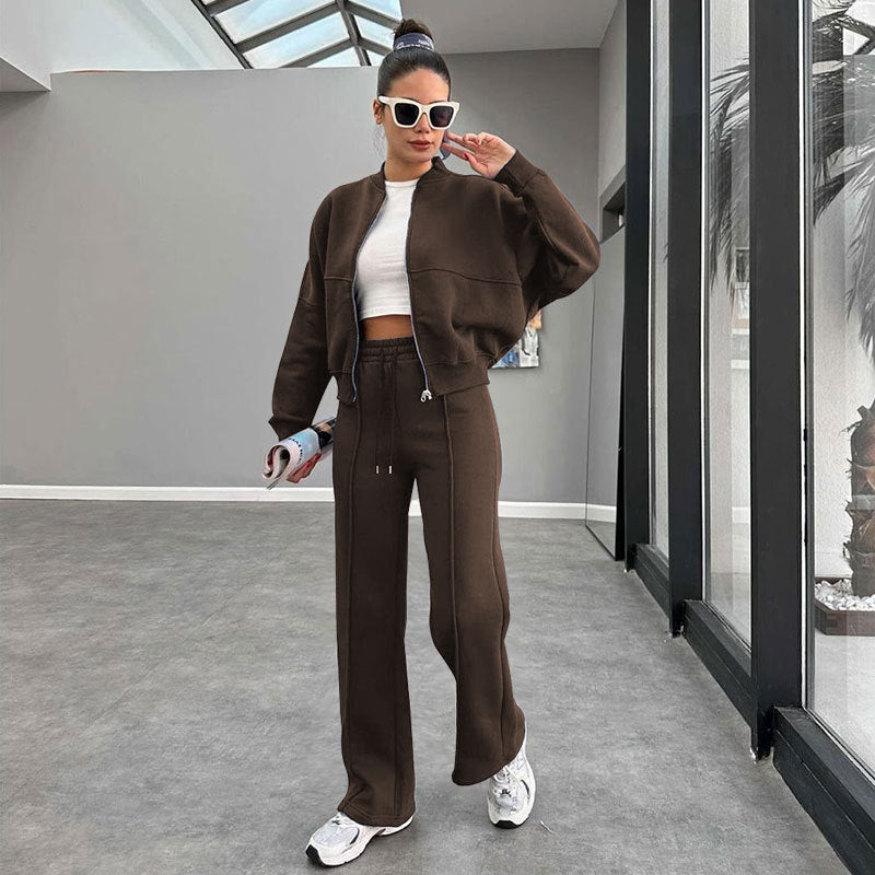 Women's Solid Zip Up Crop Jacket & Drawstring Waist Pants Two-piece Set, Casual Fashion Drop Shoulder Long Sleeve Top & High Waist Trousers Womenswear Suits for Outdoor Wear, Women's Clothing for Spring & Fall 90s Clothes - Seldom Seen Styles