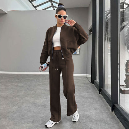 Women's Solid Zip Up Crop Jacket & Drawstring Waist Pants Two-piece Set, Casual Fashion Drop Shoulder Long Sleeve Top & High Waist Trousers Womenswear Suits for Outdoor Wear, Women's Clothing for Spring & Fall 90s Clothes