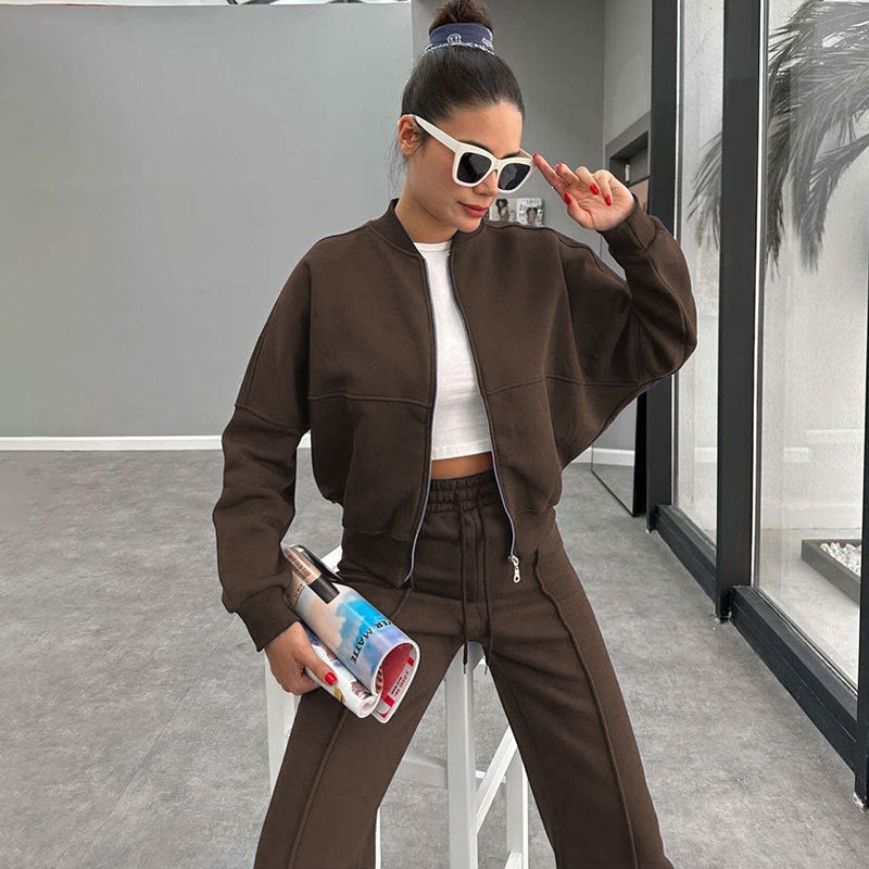 Women's Solid Zip Up Crop Jacket & Drawstring Waist Pants Two-piece Set, Casual Fashion Drop Shoulder Long Sleeve Top & High Waist Trousers Womenswear Suits for Outdoor Wear, Women's Clothing for Spring & Fall 90s Clothes - Seldom Seen Styles