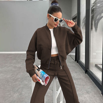 Women's Solid Zip Up Crop Jacket & Drawstring Waist Pants Two-piece Set, Casual Fashion Drop Shoulder Long Sleeve Top & High Waist Trousers Womenswear Suits for Outdoor Wear, Women's Clothing for Spring & Fall 90s Clothes