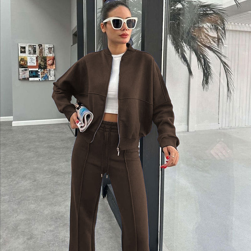 Women's Solid Zip Up Crop Jacket & Drawstring Waist Pants Two-piece Set, Casual Fashion Drop Shoulder Long Sleeve Top & High Waist Trousers Womenswear Suits for Outdoor Wear, Women's Clothing for Spring & Fall 90s Clothes - Seldom Seen Styles