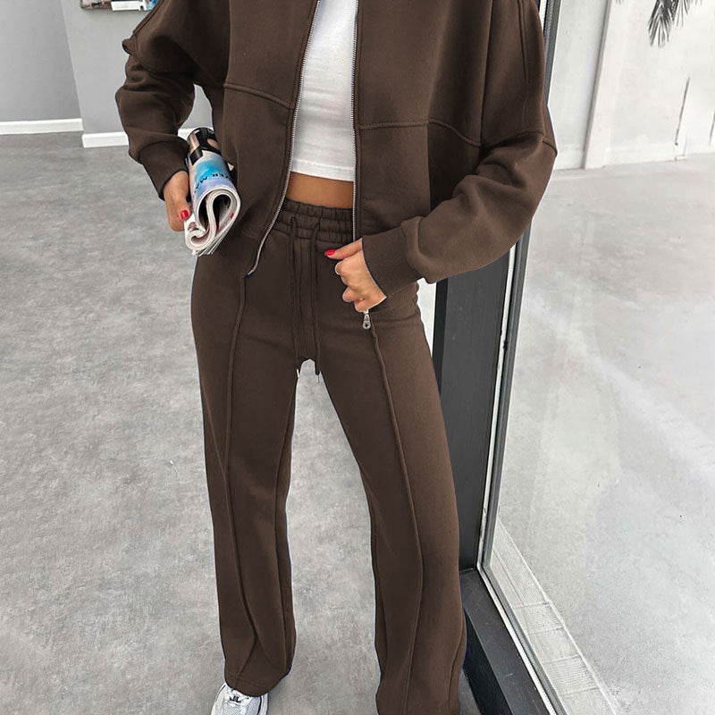 Women's Solid Zip Up Crop Jacket & Drawstring Waist Pants Two-piece Set, Casual Fashion Drop Shoulder Long Sleeve Top & High Waist Trousers Womenswear Suits for Outdoor Wear, Women's Clothing for Spring & Fall 90s Clothes - Seldom Seen Styles