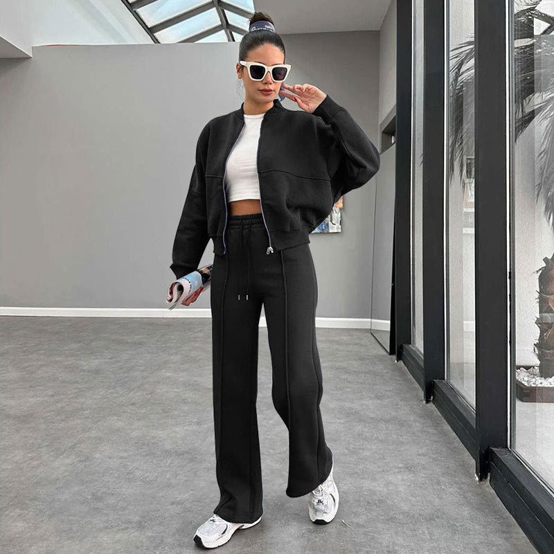 Women's Solid Zip Up Crop Jacket & Drawstring Waist Pants Two-piece Set, Casual Fashion Drop Shoulder Long Sleeve Top & High Waist Trousers Womenswear Suits for Outdoor Wear, Women's Clothing for Spring & Fall 90s Clothes - Seldom Seen Styles