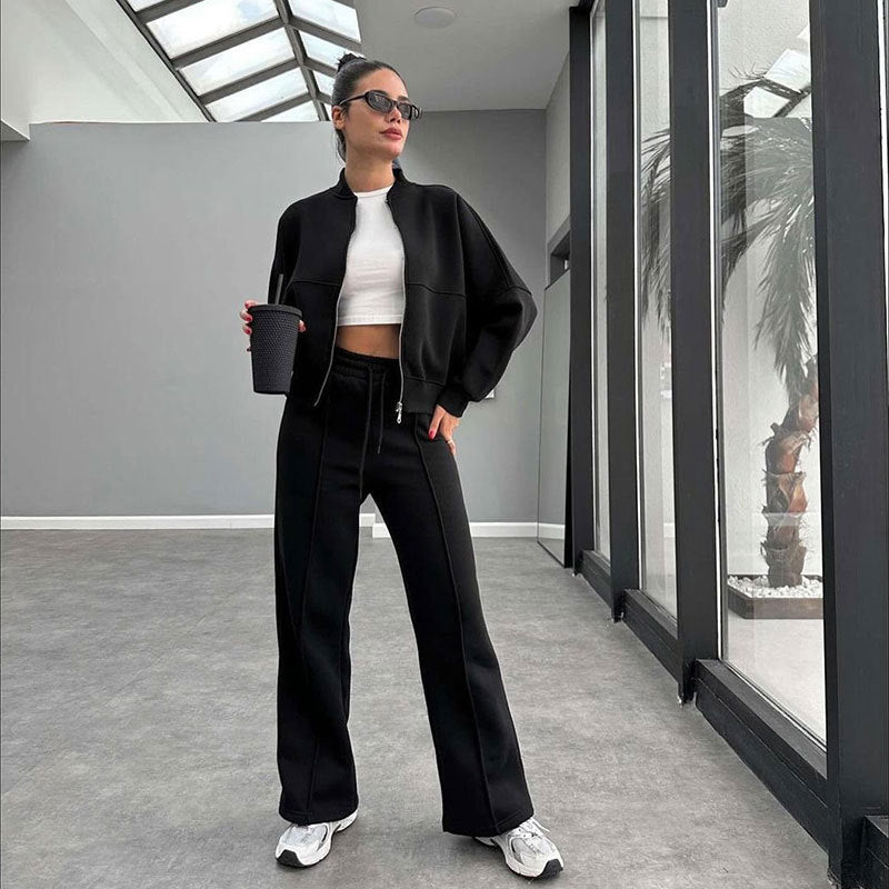 Women's Solid Zip Up Crop Jacket & Drawstring Waist Pants Two-piece Set, Casual Fashion Drop Shoulder Long Sleeve Top & High Waist Trousers Womenswear Suits for Outdoor Wear, Women's Clothing for Spring & Fall 90s Clothes - Seldom Seen Styles