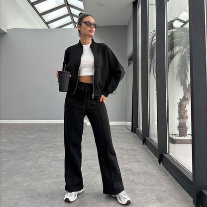 Women's Solid Zip Up Crop Jacket & Drawstring Waist Pants Two-piece Set, Casual Fashion Drop Shoulder Long Sleeve Top & High Waist Trousers Womenswear Suits for Outdoor Wear, Women's Clothing for Spring & Fall 90s Clothes