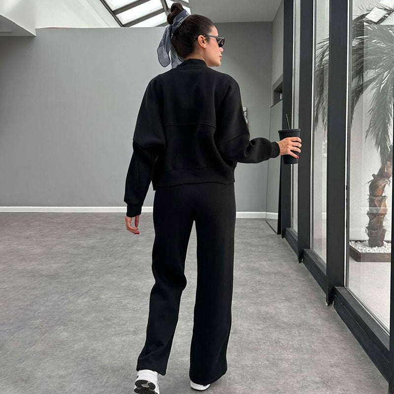 Women's Solid Zip Up Crop Jacket & Drawstring Waist Pants Two-piece Set, Casual Fashion Drop Shoulder Long Sleeve Top & High Waist Trousers Womenswear Suits for Outdoor Wear, Women's Clothing for Spring & Fall 90s Clothes - Seldom Seen Styles
