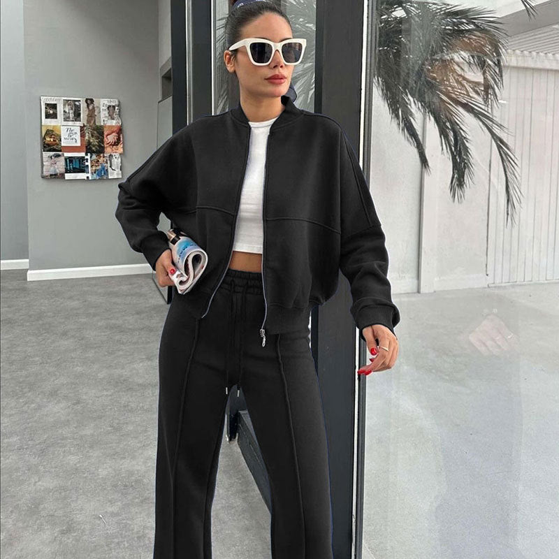 Women's Solid Zip Up Crop Jacket & Drawstring Waist Pants Two-piece Set, Casual Fashion Drop Shoulder Long Sleeve Top & High Waist Trousers Womenswear Suits for Outdoor Wear, Women's Clothing for Spring & Fall 90s Clothes - Seldom Seen Styles