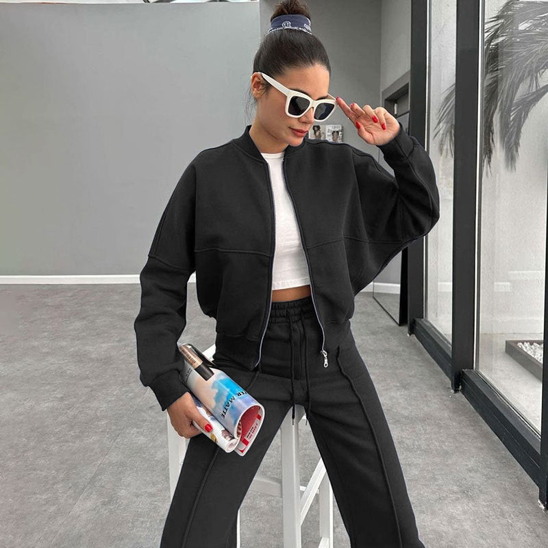 Women's Solid Zip Up Crop Jacket & Drawstring Waist Pants Two-piece Set, Casual Fashion Drop Shoulder Long Sleeve Top & High Waist Trousers Womenswear Suits for Outdoor Wear, Women's Clothing for Spring & Fall 90s Clothes - Seldom Seen Styles