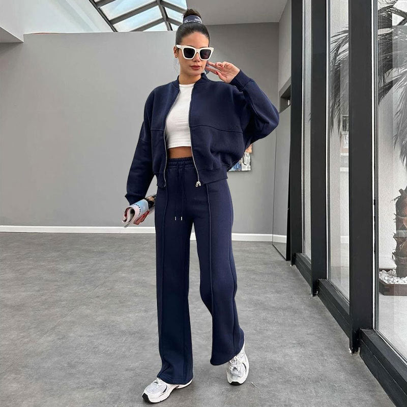 Women's Solid Zip Up Crop Jacket & Drawstring Waist Pants Two-piece Set, Casual Fashion Drop Shoulder Long Sleeve Top & High Waist Trousers Womenswear Suits for Outdoor Wear, Women's Clothing for Spring & Fall 90s Clothes - Seldom Seen Styles