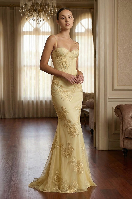Spaghetti Straps Sheath Maxi Dress With Floral Embroidery in Yellow - Seldom Seen Styles