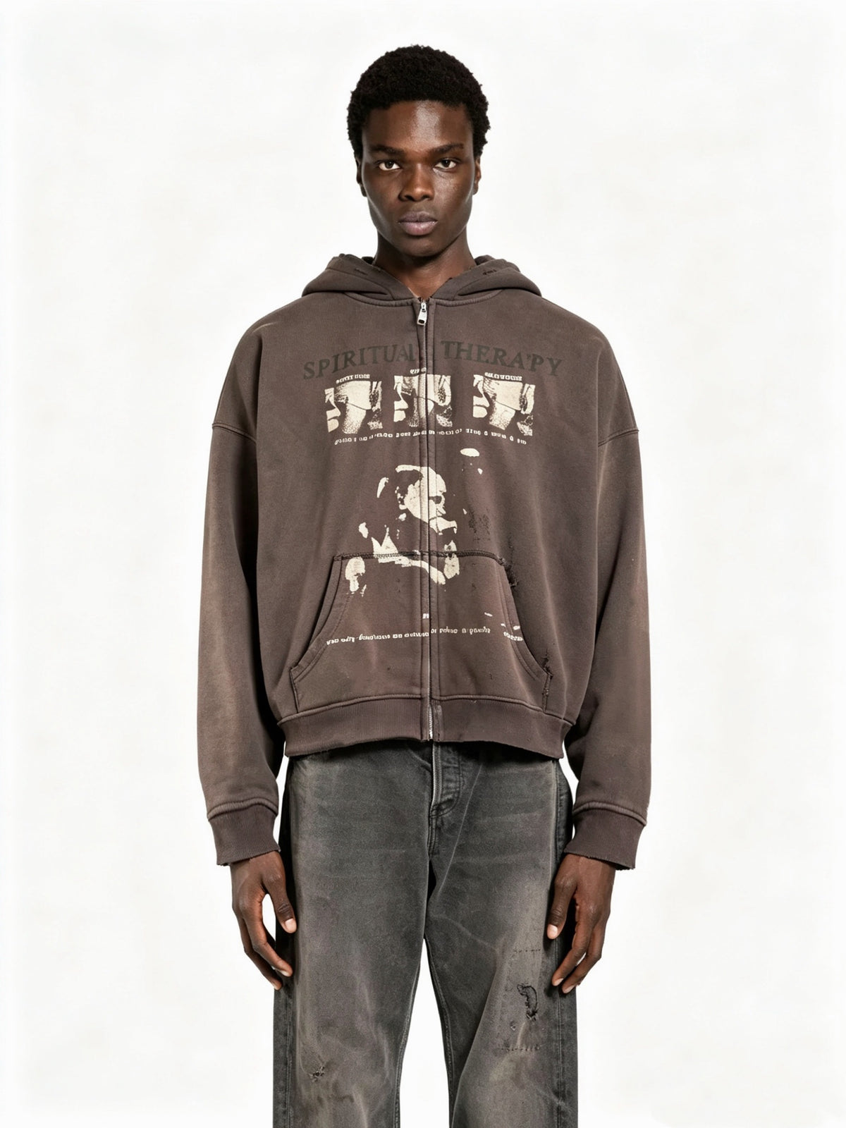 Spiritual Therapy Zip Up Hoodie - Washed Black - Seldom Seen Styles