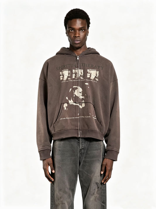 Spiritual Therapy Zip Up Hoodie - Washed Black - Seldom Seen Styles
