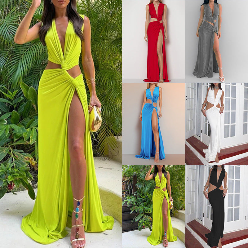 Spring new, solid color hollow knot V-neck sexy dress - Seldom Seen Styles
