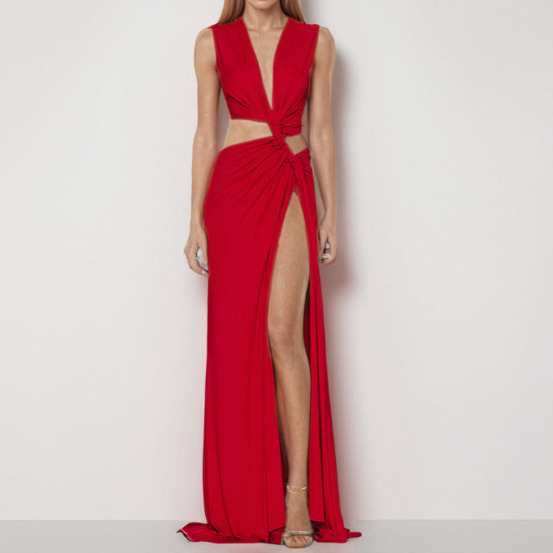 Spring new, solid color hollow knot V-neck sexy dress - Seldom Seen Styles