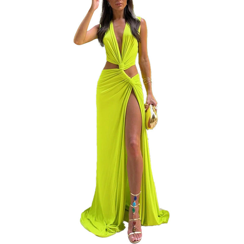 Spring new, solid color hollow knot V-neck sexy dress - Seldom Seen Styles