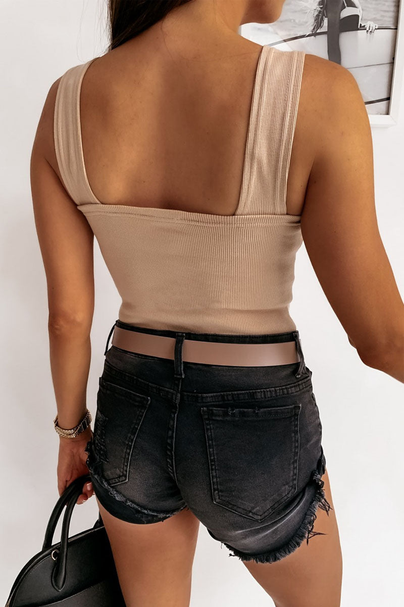 Square Neck Backless Knit Basic Tank Top - Seldom Seen Styles