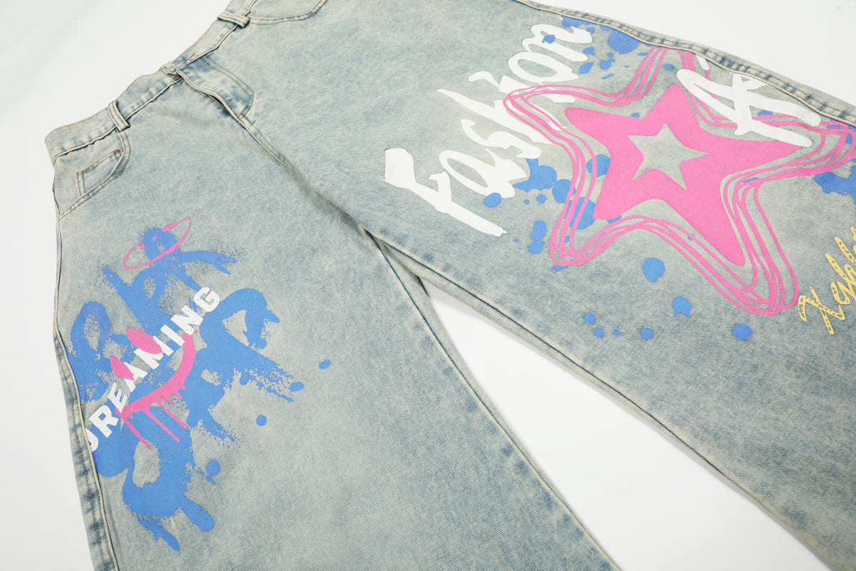 Star Graffiti Print Barrel Leg Jeans High Waist Washed Wide Leg Denim Streetwear Y2K Graphic Pants | Star Club - Seldom Seen Styles