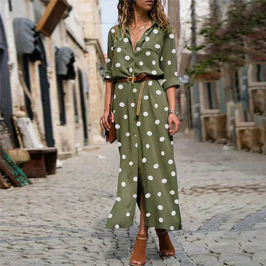 Stella | Women's Polka Dot Maxi Dress Long Sleeve Button-Down Shirt Dress - Seldom Seen Styles