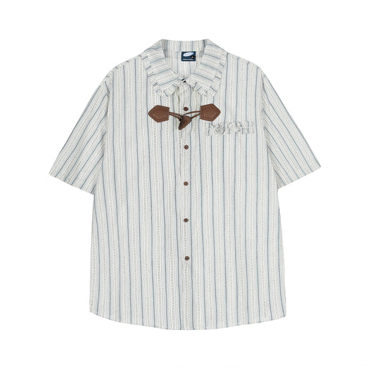 Stripe Fringe Collar Linen Cotton Short Sleeve Shirt Oversized Button Down Leather Buckle Detail Casual Summer Top | Fringe Stripe - Seldom Seen Styles
