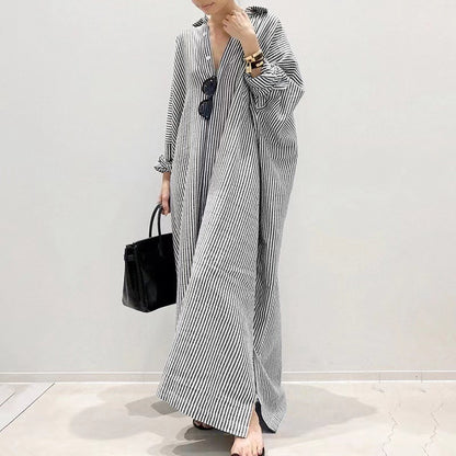 Robe chemise longue décontractée à manches longues et boutons pour femme, ample et rayée, en coton