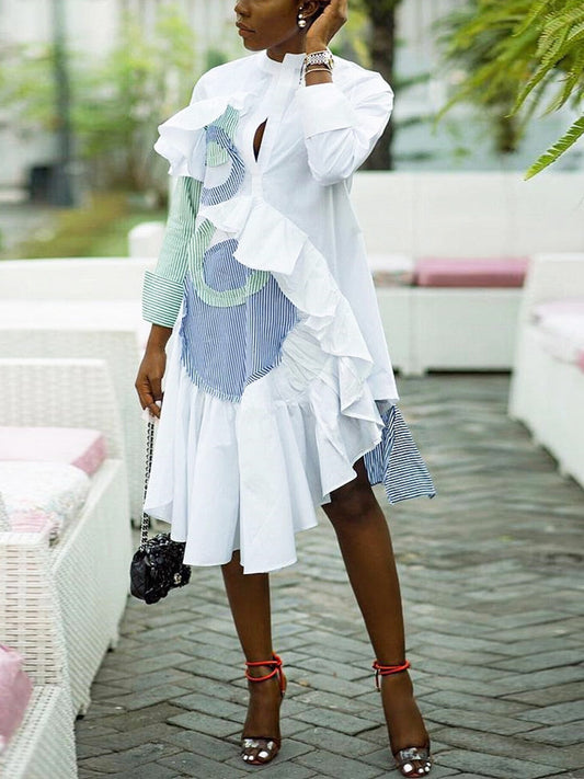 Striped Patchwork Ruffled Irregular Dress - Seldom Seen Styles