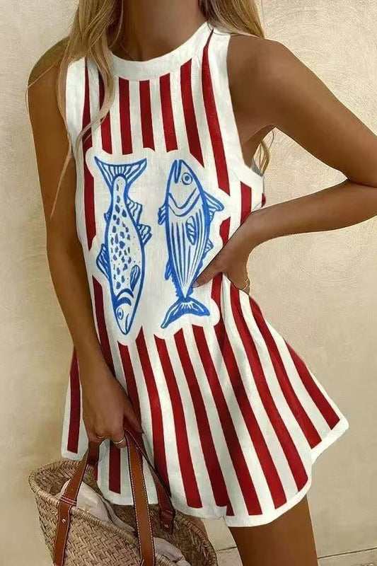 Striped Print Sleeveless Resort Mini Dress - Seldom Seen Styles
