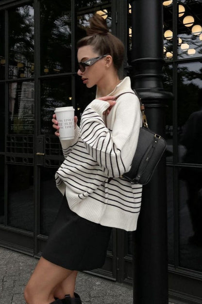 Gestreiftes Poloshirt mit Reißverschluss vorne, gestreifter Oversize-Pullover mit Viertelreißverschluss für Damen, 2025 Rollkragenpullover, Herbstmode-Outfit