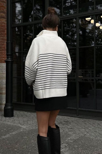 Gestreiftes Poloshirt mit Reißverschluss vorne, gestreifter Oversize-Pullover mit Viertelreißverschluss für Damen, 2025 Rollkragenpullover, Herbstmode-Outfit