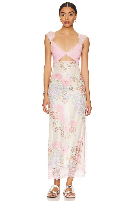 Suddenly Fine Maxi Slip Lace Backless Strap Splicing Slit Floral Long Dress Women's Fashion - Seldom Seen Styles