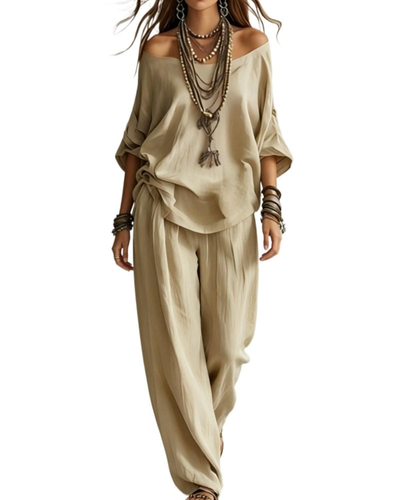 Summer Linen Set Relaxed Fit Top & Wide-Leg Pants Effortless Casual Wear - Seldom Seen Styles