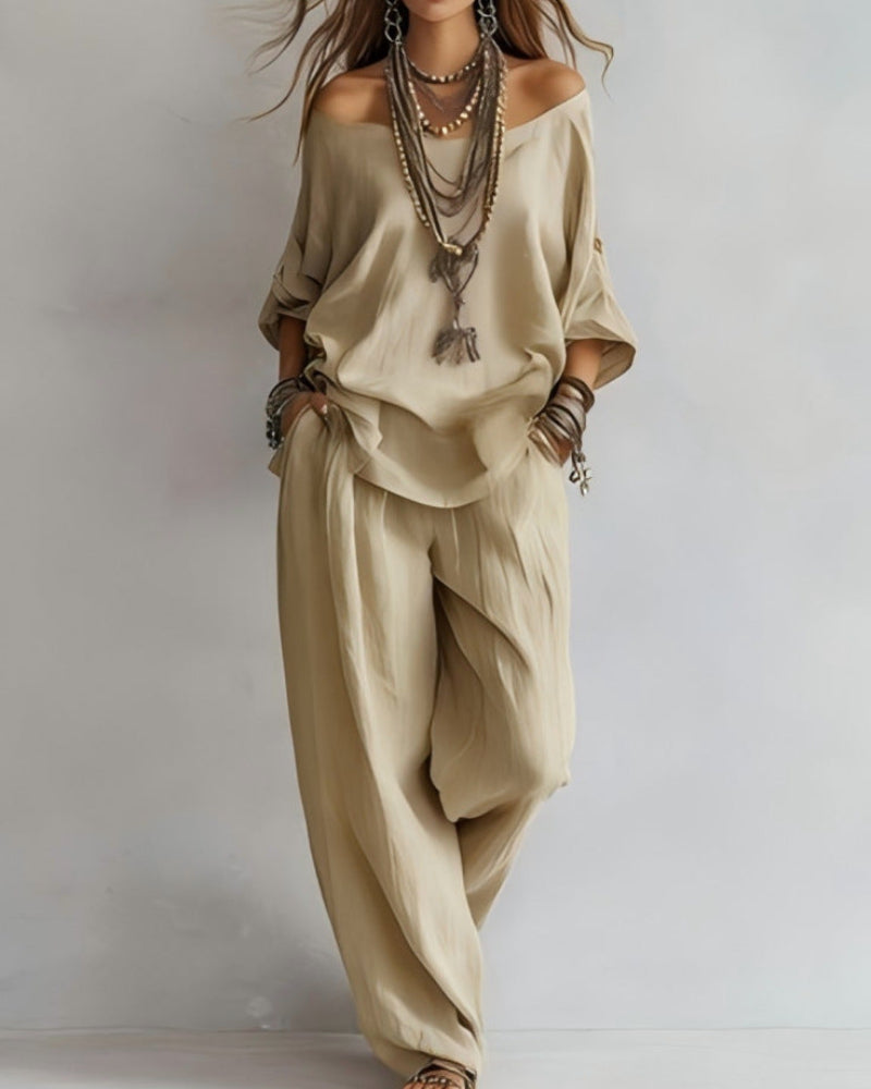 Summer Linen Set Relaxed Fit Top & Wide-Leg Pants Effortless Casual Wear - Seldom Seen Styles