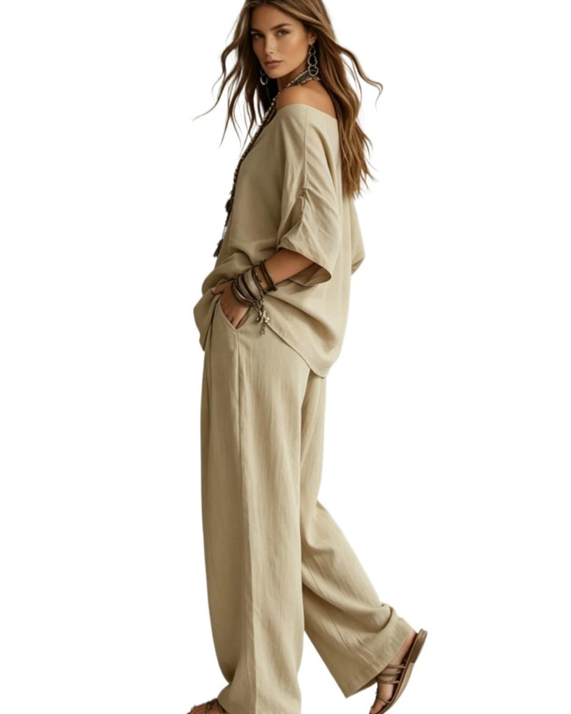 Summer Linen Set Relaxed Fit Top & Wide-Leg Pants Effortless Casual Wear - Seldom Seen Styles