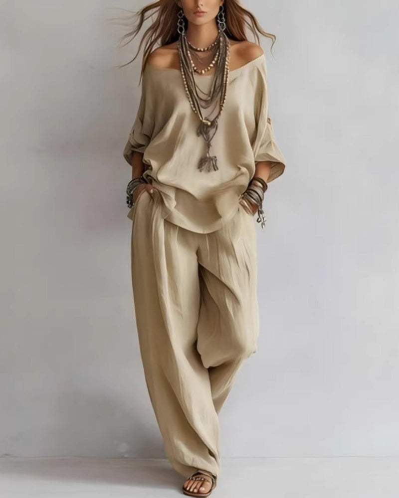 Summer Linen Set Relaxed Fit Top & Wide-Leg Pants Effortless Casual Wear - Seldom Seen Styles