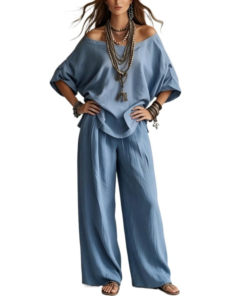 Summer Linen Set Relaxed Fit Top & Wide-Leg Pants Effortless Casual Wear - Seldom Seen Styles