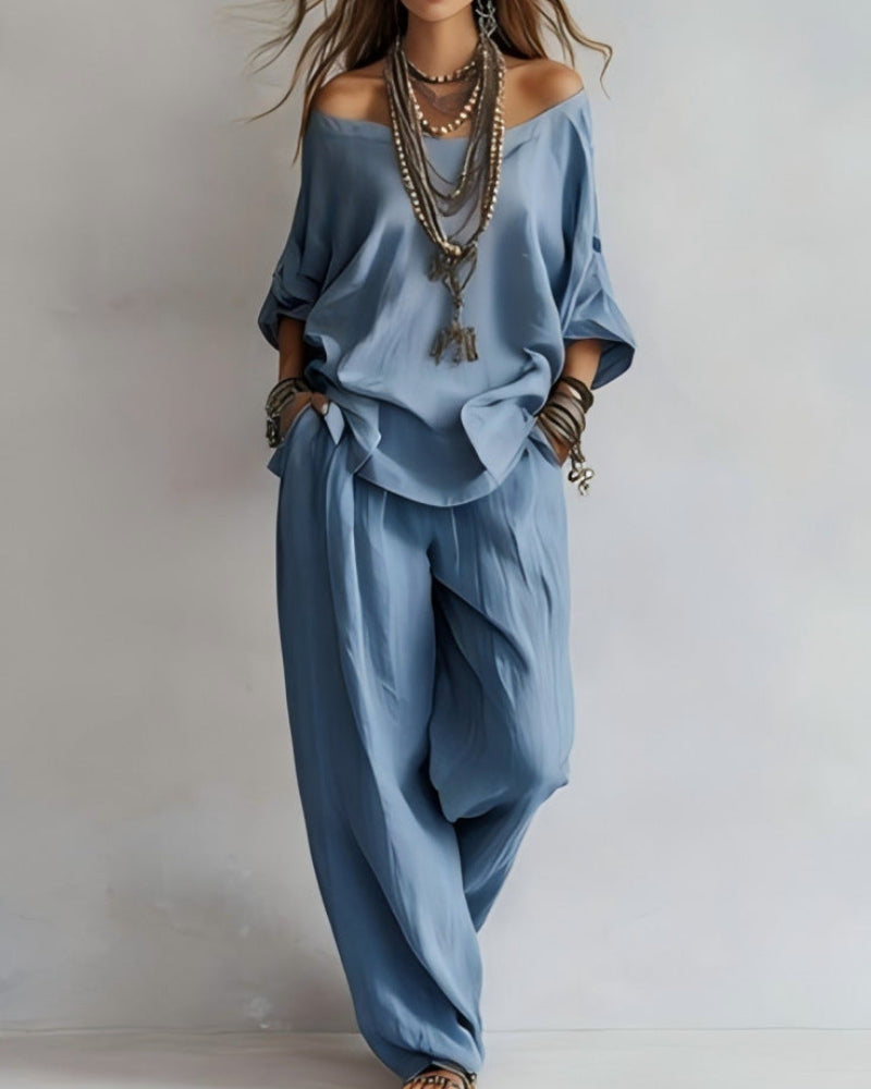 Summer Linen Set Relaxed Fit Top & Wide-Leg Pants Effortless Casual Wear - Seldom Seen Styles