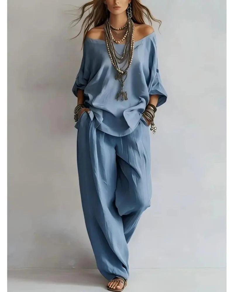 Summer Linen Set Relaxed Fit Top & Wide-Leg Pants Effortless Casual Wear - Seldom Seen Styles