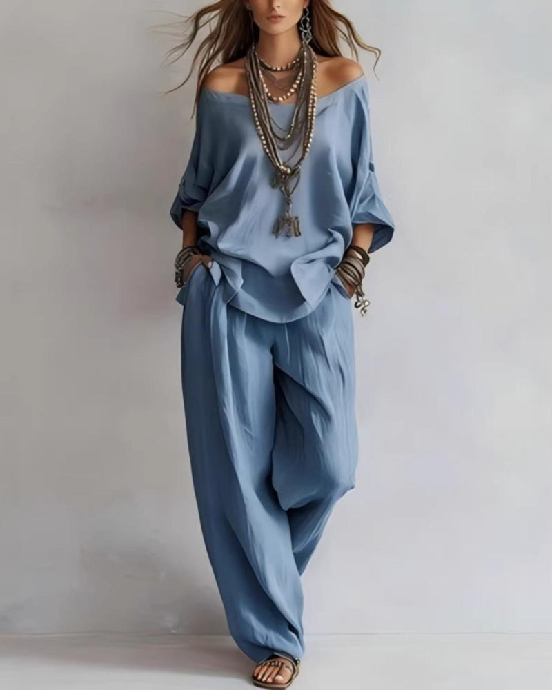 Summer Linen Set Relaxed Fit Top & Wide-Leg Pants Effortless Casual Wear - Seldom Seen Styles