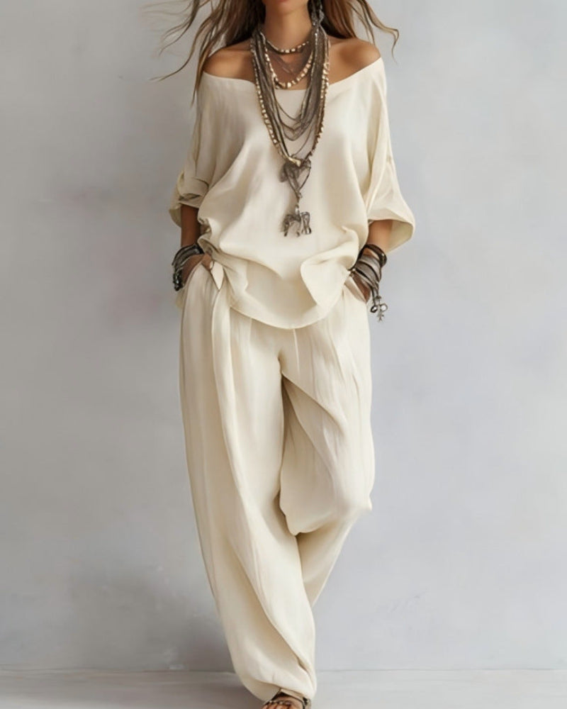 Summer Linen Set Relaxed Fit Top & Wide-Leg Pants Effortless Casual Wear - Seldom Seen Styles